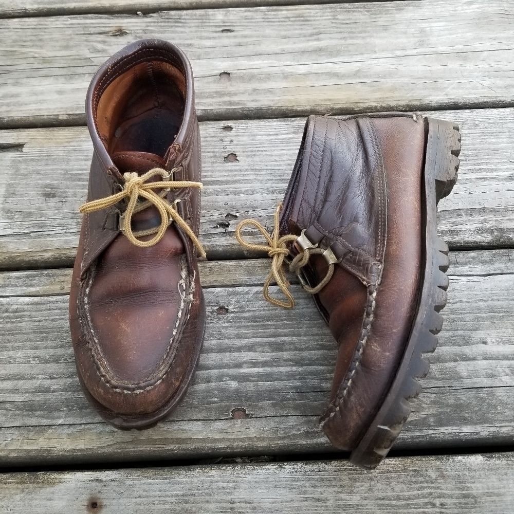 Vintage 70s Brown Leather Moccasin Moc Toe Lug Sole Chukka Ankle Boots Booties 7